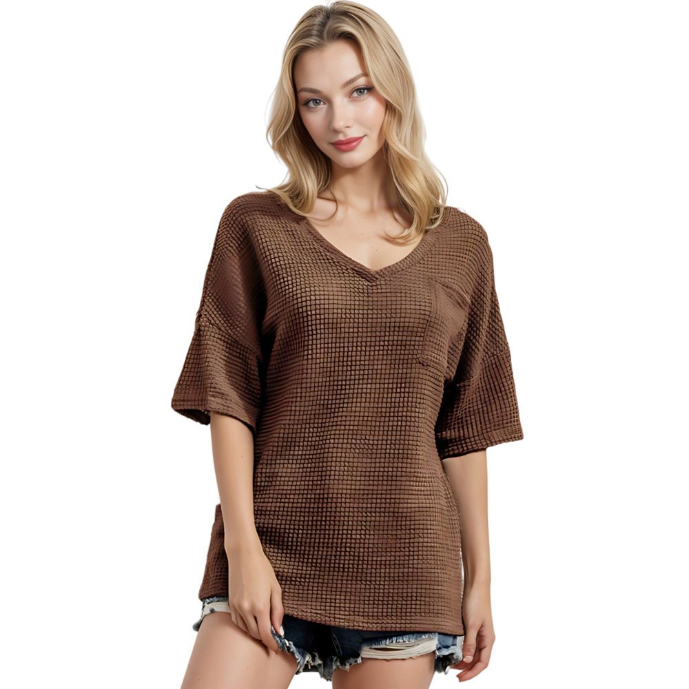 Front Pocket Short Sleeve Textured Popcorn Lounge Tunic