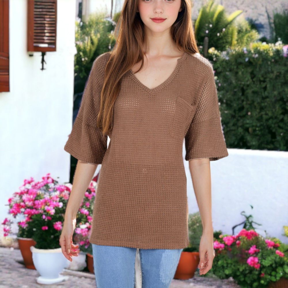 Front Pocket Short Sleeve Textured Popcorn Lounge Tunic