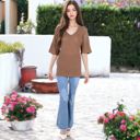 Brown Medium Front Pocket Short Sleeve Textured Popcorn Lounge Tunic