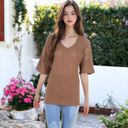 Brown Small Front Pocket Short Sleeve Textured Popcorn Lounge Tunic