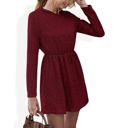 Red Medium Long Sleeve Mini Dress with Elastic Waist and Soft Knit Fabric