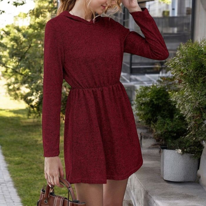 Long Sleeve Mini Dress with Elastic Waist and Soft Knit Fabric