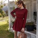 Red Medium Long Sleeve Mini Dress with Elastic Waist and Soft Knit Fabric