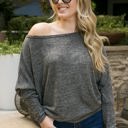 Gray Large Long Sleeve Off-Shoulder Knit Top with Relaxed Fit and Dolman Sleeves