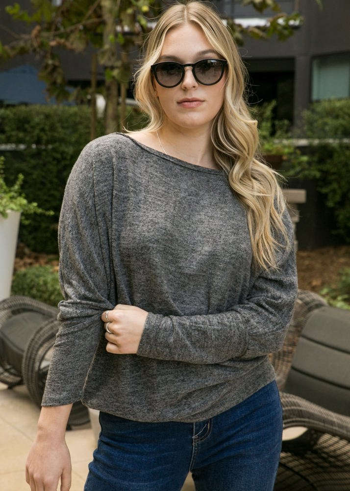 Long Sleeve Off-Shoulder Knit Top with Relaxed Fit and Dolman Sleeves