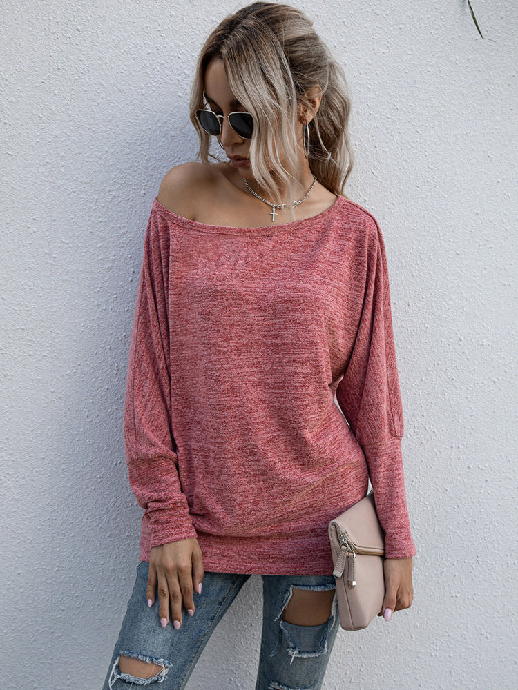 Long Sleeve Off-Shoulder Knit Top with Relaxed Fit and Dolman Sleeves