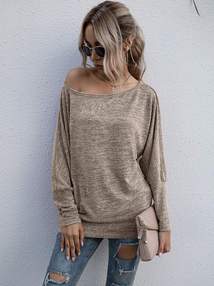 Long Sleeve Off-Shoulder Knit Top with Relaxed Fit and Dolman Sleeves