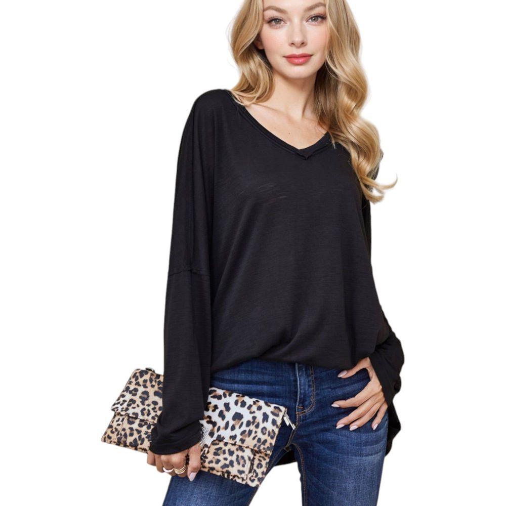 V-Neck Long Sleeve Oversized Tee