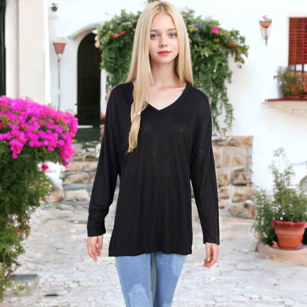 V-Neck Long Sleeve Oversized Tee