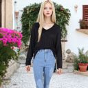 Black Large V-Neck Long Sleeve Oversized Tee