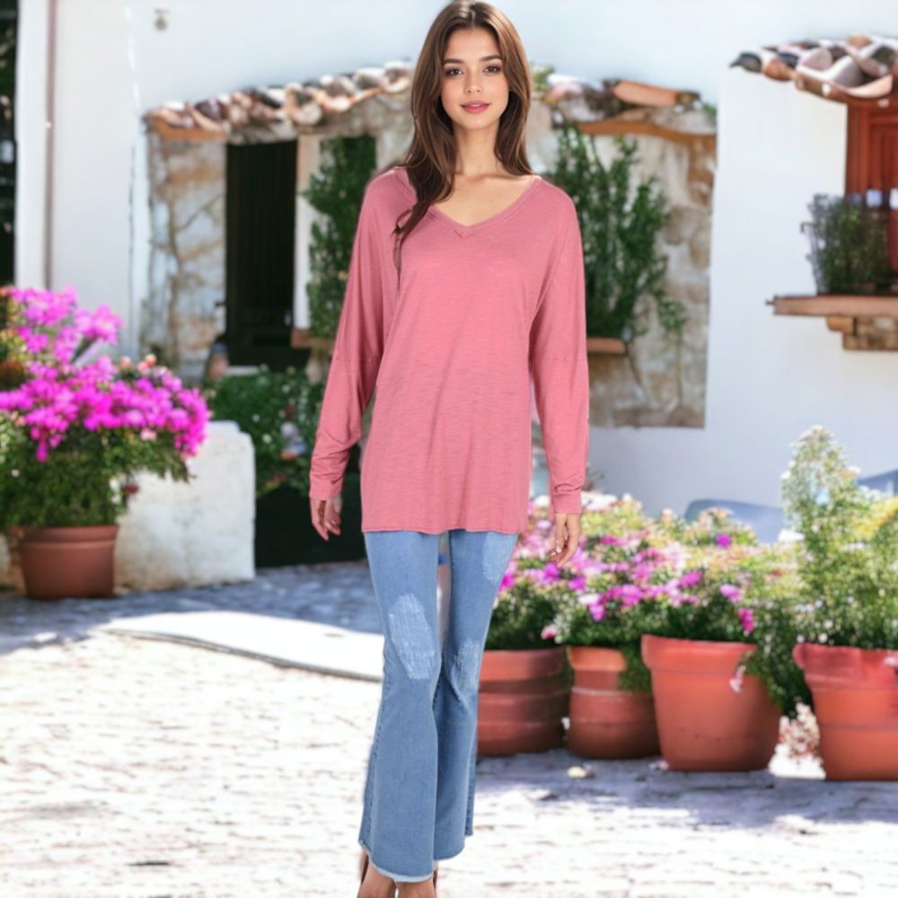 V-Neck Long Sleeve Oversized Tee