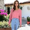 Pink Medium V-Neck Long Sleeve Oversized Tee