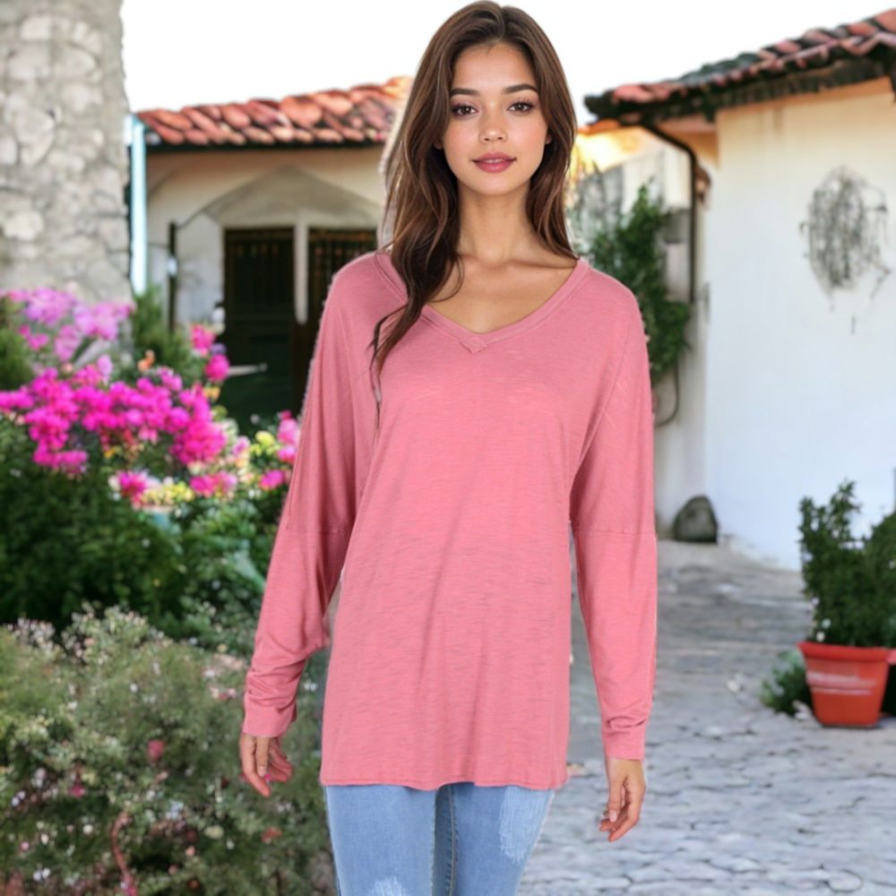 V-Neck Long Sleeve Oversized Tee