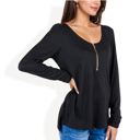 Black XXL Long Sleeve Top with Front Zip Detail and Curved Hem