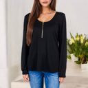 Black XXL Long Sleeve Top with Front Zip Detail and Curved Hem