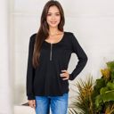 Black XXL Long Sleeve Top with Front Zip Detail and Curved Hem