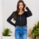 Black XXL Long Sleeve Top with Front Zip Detail and Curved Hem