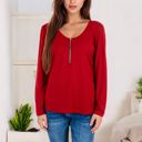 Red XXL Long Sleeve Top with Front Zip Detail and Curved Hem