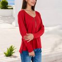 Red XXL Long Sleeve Top with Front Zip Detail and Curved Hem