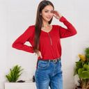 Red XXL Long Sleeve Top with Front Zip Detail and Curved Hem