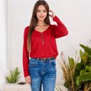 Red XXL Long Sleeve Top with Front Zip Detail and Curved Hem