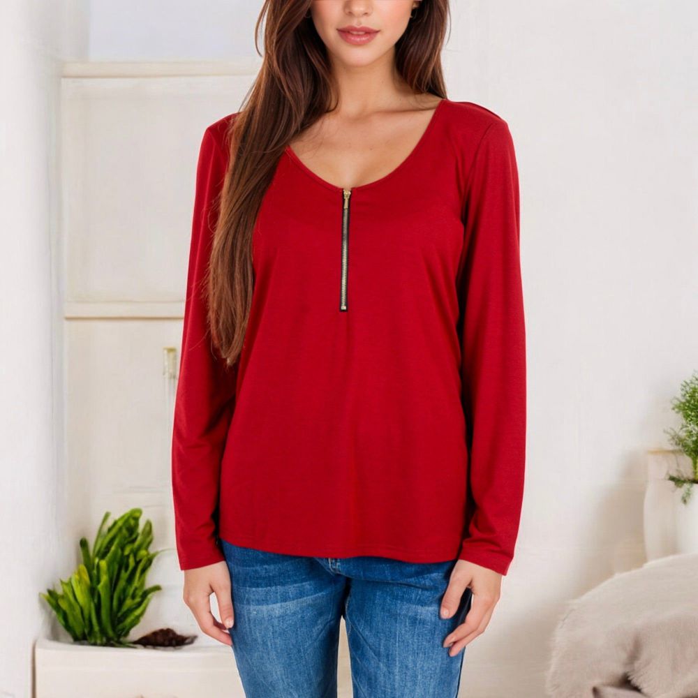 Long Sleeve Top with Front Zip Detail and Curved Hem