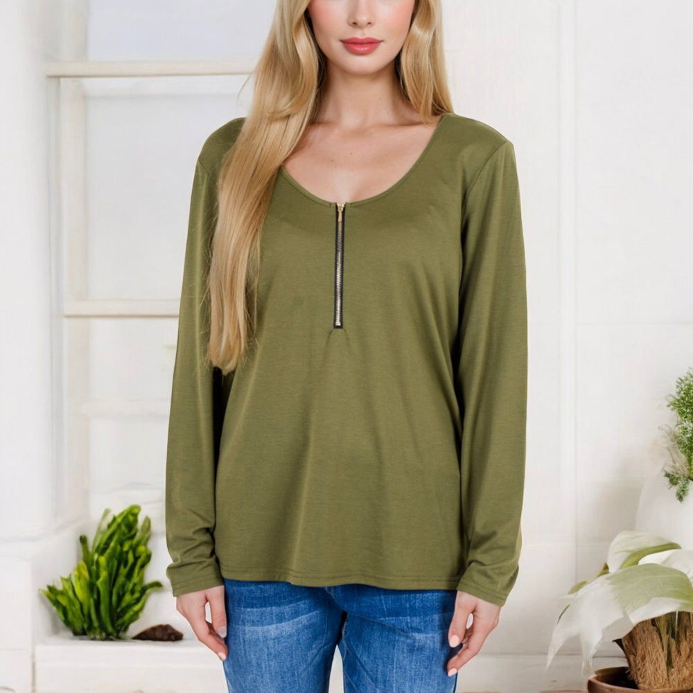 Long Sleeve Top with Front Zip Detail and Curved Hem