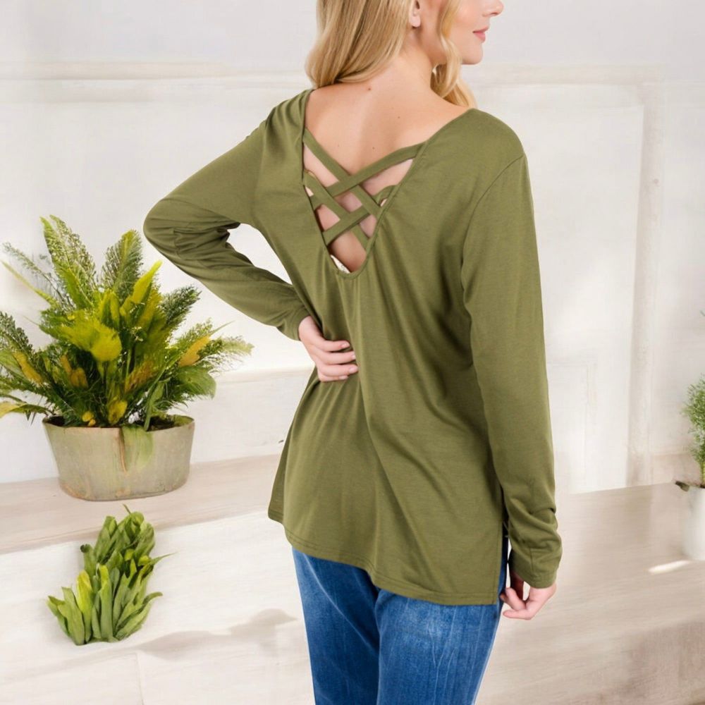 Long Sleeve Top with Front Zip Detail and Curved Hem