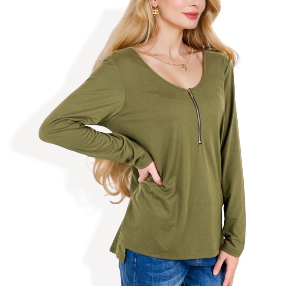 Long Sleeve Top with Front Zip Detail and Curved Hem