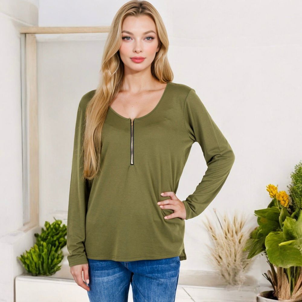 Long Sleeve Top with Front Zip Detail and Curved Hem