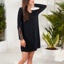 Black XXL Lace Trim Button-Up Nightdress with V-Neck and Long Sleeves