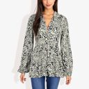  Long Sleeve Button Down Blouse with Animal Print and Ruffle Trim V-Neck Casual Top