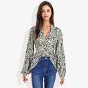  Long Sleeve Button Down Blouse with Animal Print and Ruffle Trim V-Neck Casual Top