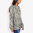  Long Sleeve Button Down Blouse with Animal Print and Ruffle Trim V-Neck Casual Top