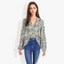  Long Sleeve Button Down Blouse with Animal Print and Ruffle Trim V-Neck Casual Top