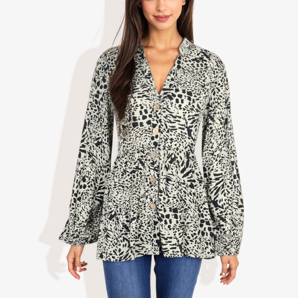 Long Sleeve Button Down Blouse with Animal Print and Ruffle Trim V-Neck Casual Top