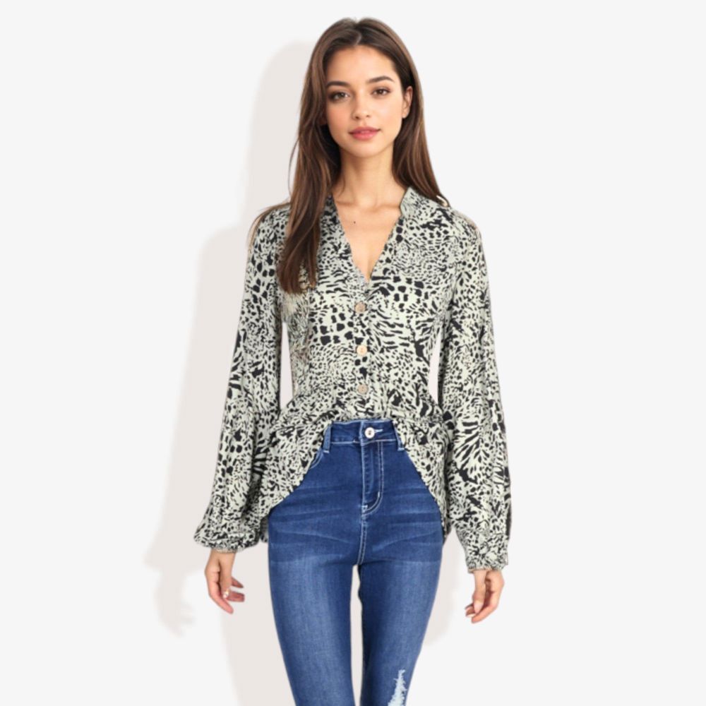 Long Sleeve Button Down Blouse with Animal Print and Ruffle Trim V-Neck Casual Top