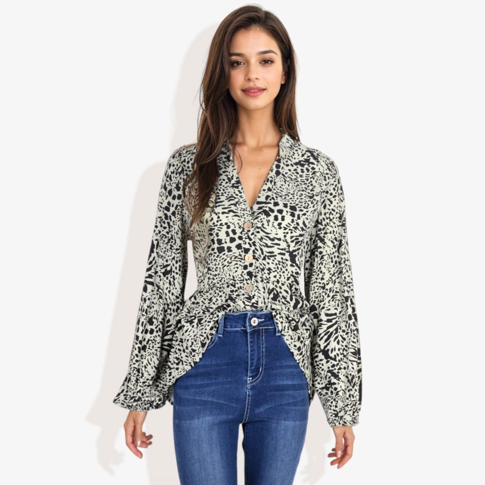 Long Sleeve Button Down Blouse with Animal Print and Ruffle Trim V-Neck Casual Top