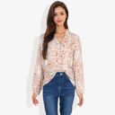 Beige Large Long Sleeve Button Down Blouse with Animal Print and Ruffle Trim V-Neck Casual Top