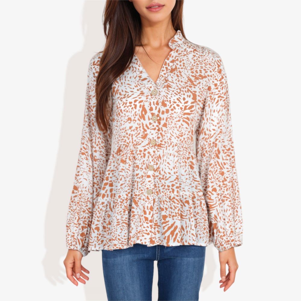 Long Sleeve Button Down Blouse with Animal Print and Ruffle Trim V-Neck Casual Top