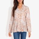 Beige Medium Long Sleeve Button Down Blouse with Animal Print and Ruffle Trim V-Neck Casual Top