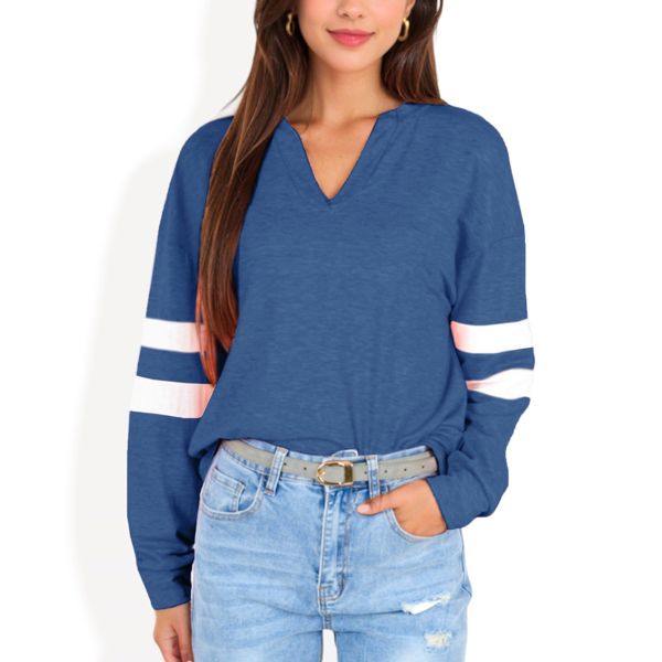 Long Sleeve V-Neck Pullover with Contrast Sleeve Stripes