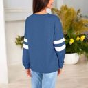 Blue XXL Long Sleeve V-Neck Pullover with Contrast Sleeve Stripes