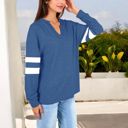 Blue XXL Long Sleeve V-Neck Pullover with Contrast Sleeve Stripes