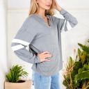 Gray XXL Long Sleeve V-Neck Pullover with Contrast Sleeve Stripes