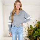 Gray XXL Long Sleeve V-Neck Pullover with Contrast Sleeve Stripes