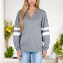 Gray XXL Long Sleeve V-Neck Pullover with Contrast Sleeve Stripes