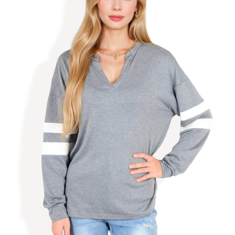 Long Sleeve V-Neck Pullover with Contrast Sleeve Stripes