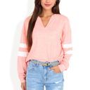 Pink XXL Long Sleeve V-Neck Pullover with Contrast Sleeve Stripes