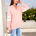 Pink XXL Long Sleeve V-Neck Pullover with Contrast Sleeve Stripes